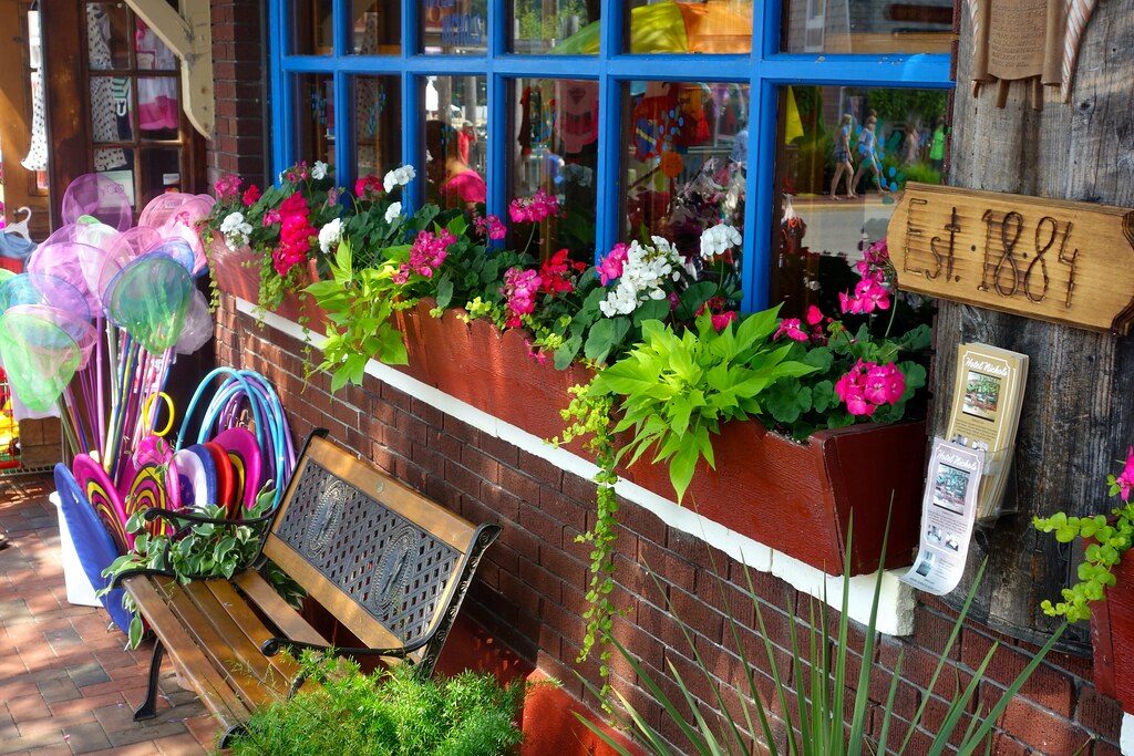 A brick shopfront with a blue-framed window, flower boxes full of pink geraniums, a wooden bench and colourful butterfly nets for sale by the door.